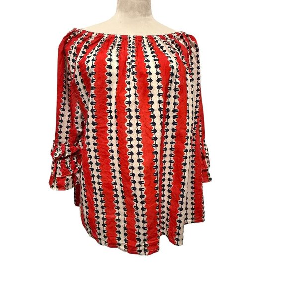 Roller Rabbit 3/4 Sleeve Red White and Blue Baggy Off the Shoulder Blouse Size L - Picture 1 of 16
